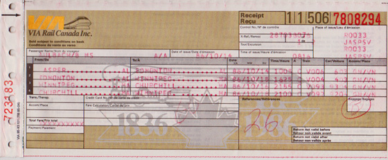 Fahrkarte Jasper Edmonton Winnipeg Churchill 560 Fahrkarte Jasper Edmonton Winnipeg Churchill 560